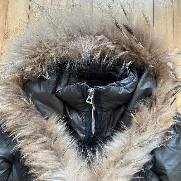 Rudsak Brown Down Puffer Coat Real Fur Trim Hooded Parka Jacket Womens Small - Picture 9 of 11